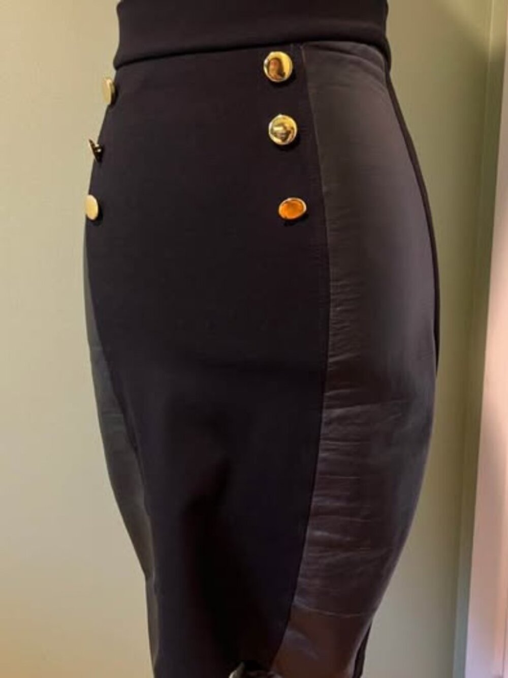 Wheels and Dollbaby ponte fabric and leather pencil skirt with gold buttons
